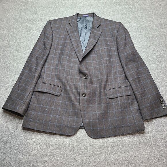 Stafford Sport Coat Mens 48 Regular Brown Windowpane Merino Wool Classic Fit - Picture 1 of 10